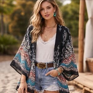 Boho western turquoise rust kimono wide sleeves multi color medium